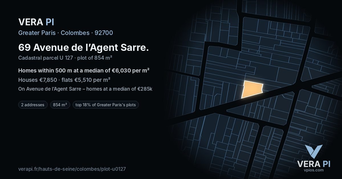 69 Avenue de l’Agent Sarre, Colombes at night – the plot lit, the parcels around coloured by the prices near them