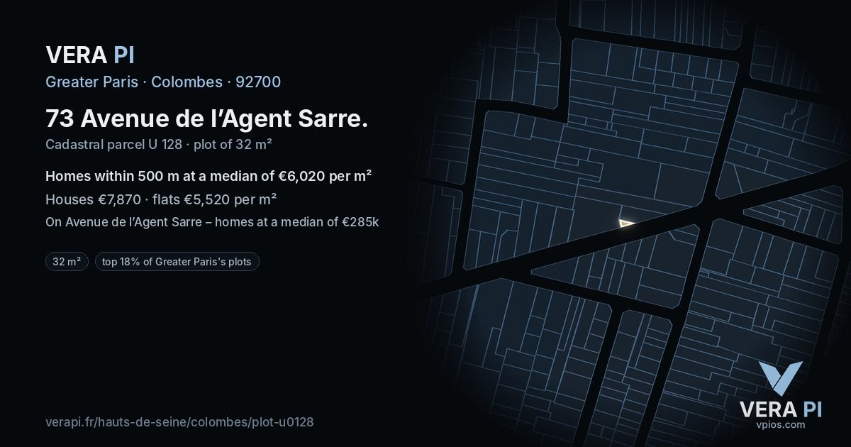 73 Avenue de l’Agent Sarre, Colombes at night – the plot lit, the parcels around coloured by the prices near them