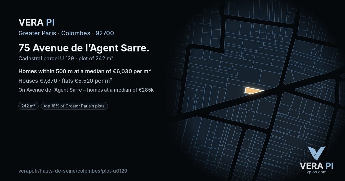 75 Avenue de l’Agent Sarre, Colombes at night – the plot lit, the parcels around coloured by the prices near them