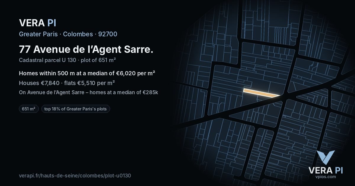 77 Avenue de l’Agent Sarre, Colombes at night – the plot lit, the parcels around coloured by the prices near them