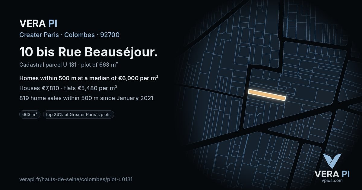 10 bis Rue Beauséjour, Colombes at night – the plot lit, the parcels around coloured by the prices near them