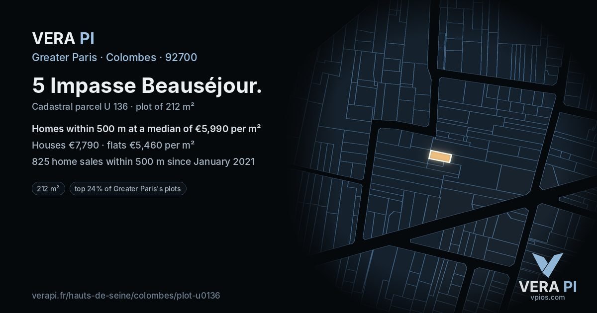 5 Impasse Beauséjour, Colombes at night – the plot lit, the parcels around coloured by the prices near them