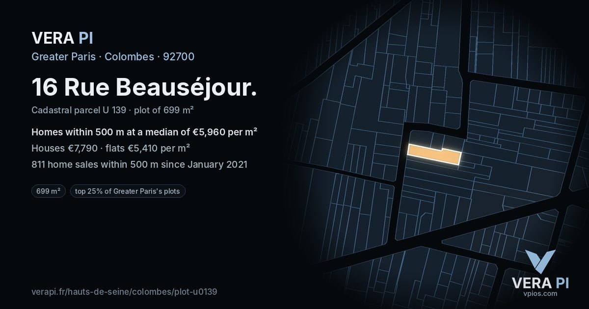 16 Rue Beauséjour, Colombes at night – the plot lit, the parcels around coloured by the prices near them