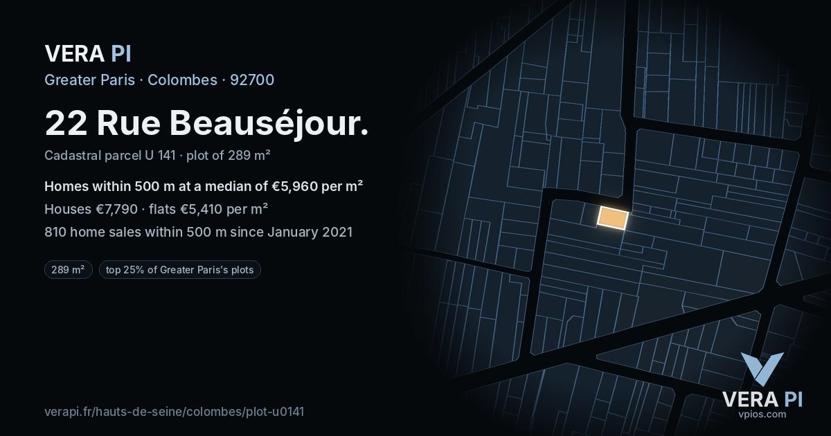 22 Rue Beauséjour, Colombes at night – the plot lit, the parcels around coloured by the prices near them