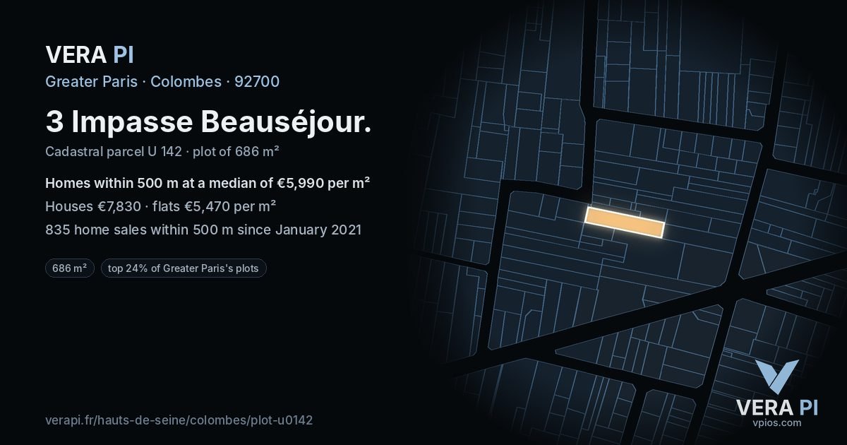 3 Impasse Beauséjour, Colombes at night – the plot lit, the parcels around coloured by the prices near them