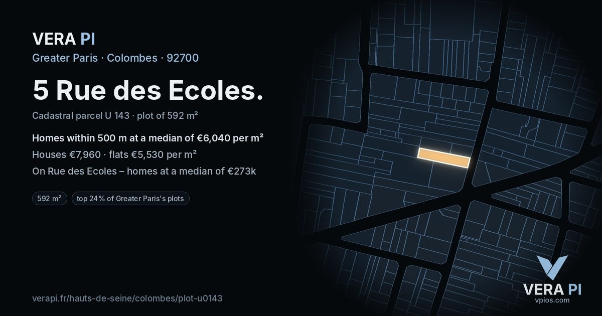 5 Rue des Ecoles, Colombes at night – the plot lit, the parcels around coloured by the prices near them