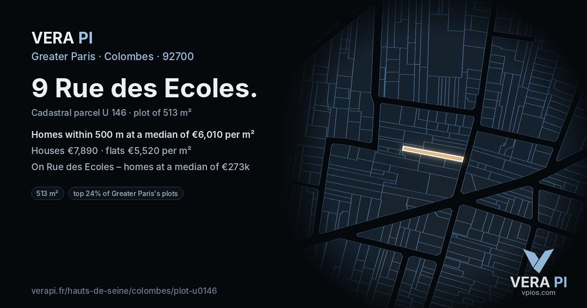 9 Rue des Ecoles, Colombes at night – the plot lit, the parcels around coloured by the prices near them