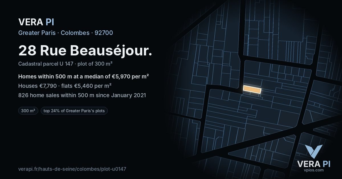 28 Rue Beauséjour, Colombes at night – the plot lit, the parcels around coloured by the prices near them