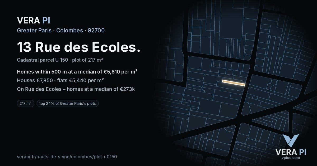 13 Rue des Ecoles, Colombes at night – the plot lit, the parcels around coloured by the prices near them