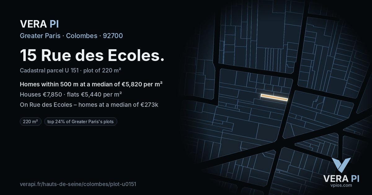 15 Rue des Ecoles, Colombes at night – the plot lit, the parcels around coloured by the prices near them