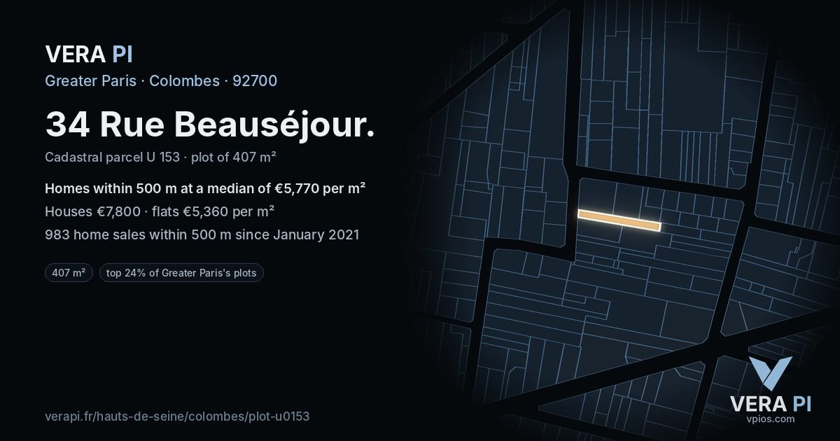34 Rue Beauséjour, Colombes at night – the plot lit, the parcels around coloured by the prices near them
