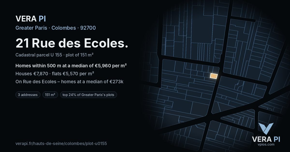 21 Rue des Ecoles, Colombes at night – the plot lit, the parcels around coloured by the prices near them