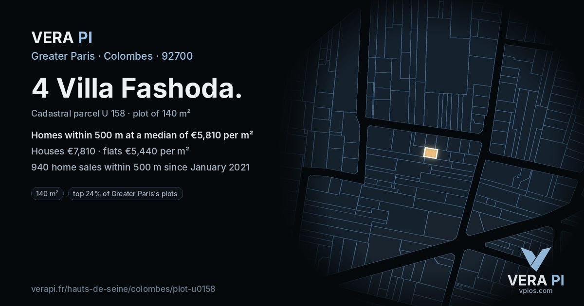4 Villa Fashoda, Colombes at night – the plot lit, the parcels around coloured by the prices near them