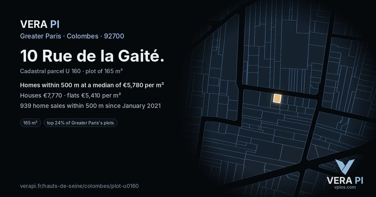 10 Rue de la Gaité, Colombes at night – the plot lit, the parcels around coloured by the prices near them