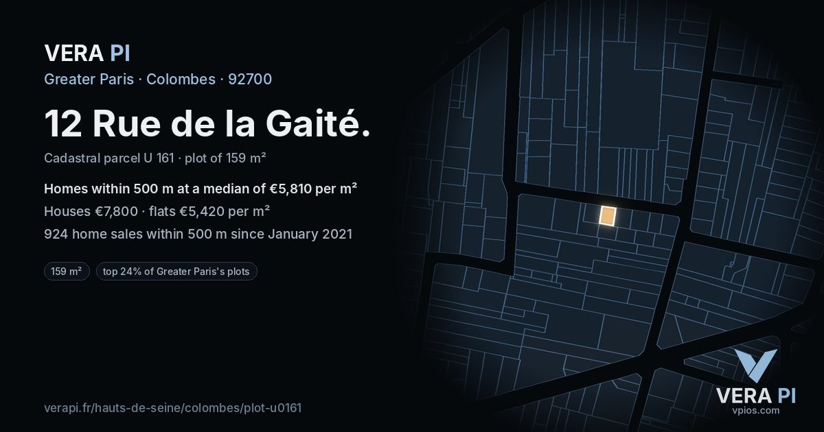 12 Rue de la Gaité, Colombes at night – the plot lit, the parcels around coloured by the prices near them