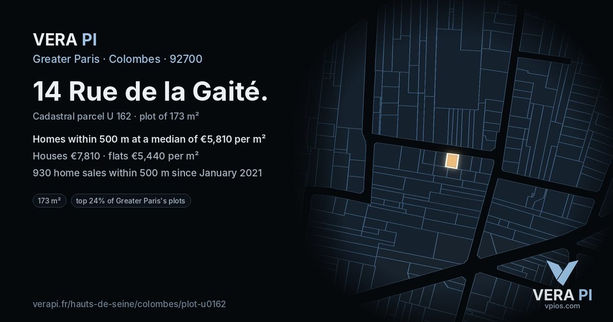 14 Rue de la Gaité, Colombes at night – the plot lit, the parcels around coloured by the prices near them