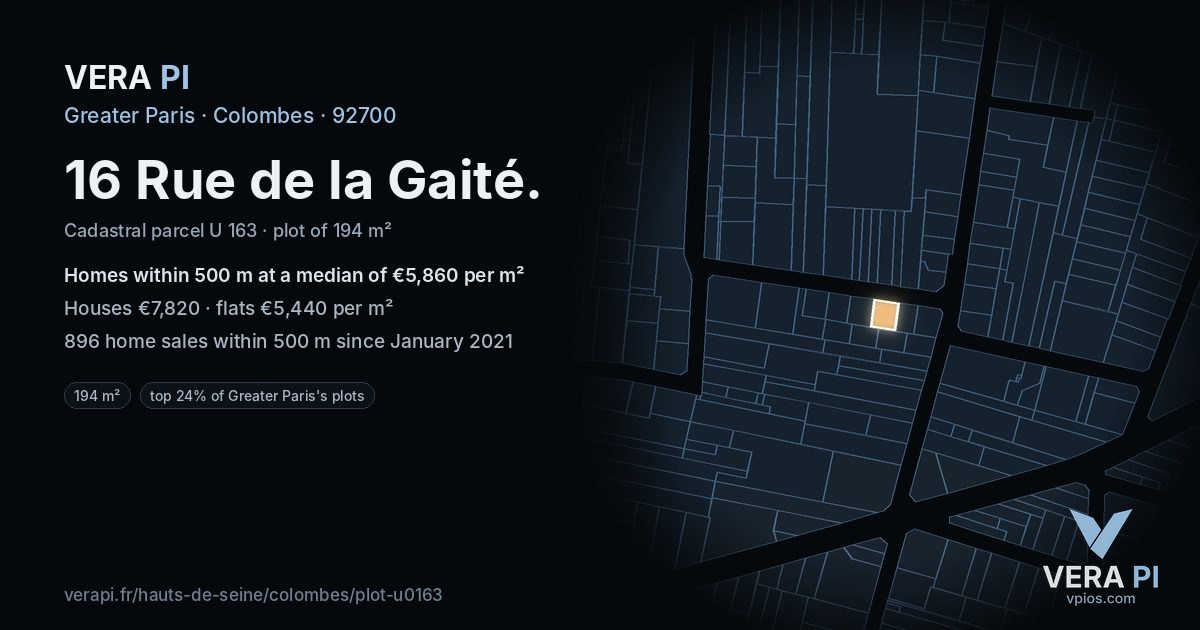 16 Rue de la Gaité, Colombes at night – the plot lit, the parcels around coloured by the prices near them