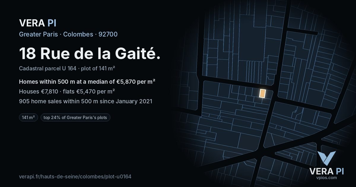 18 Rue de la Gaité, Colombes at night – the plot lit, the parcels around coloured by the prices near them