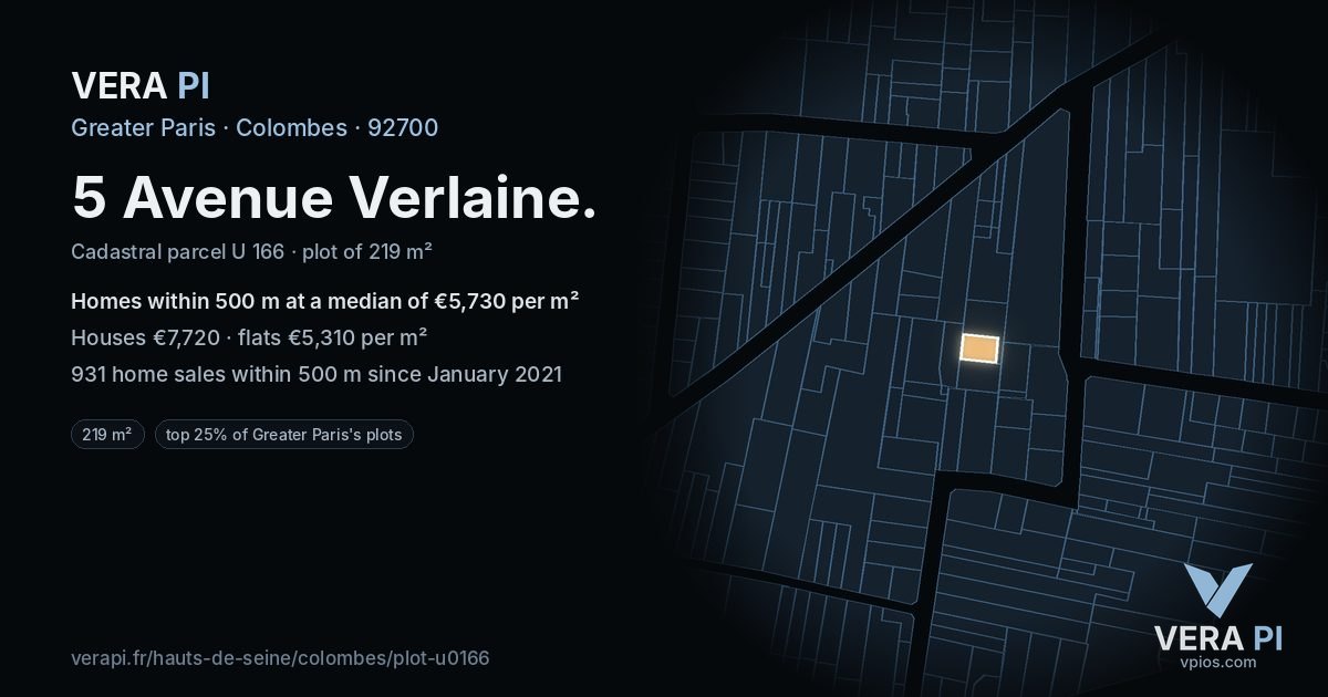 5 Avenue Verlaine, Colombes at night – the plot lit, the parcels around coloured by the prices near them