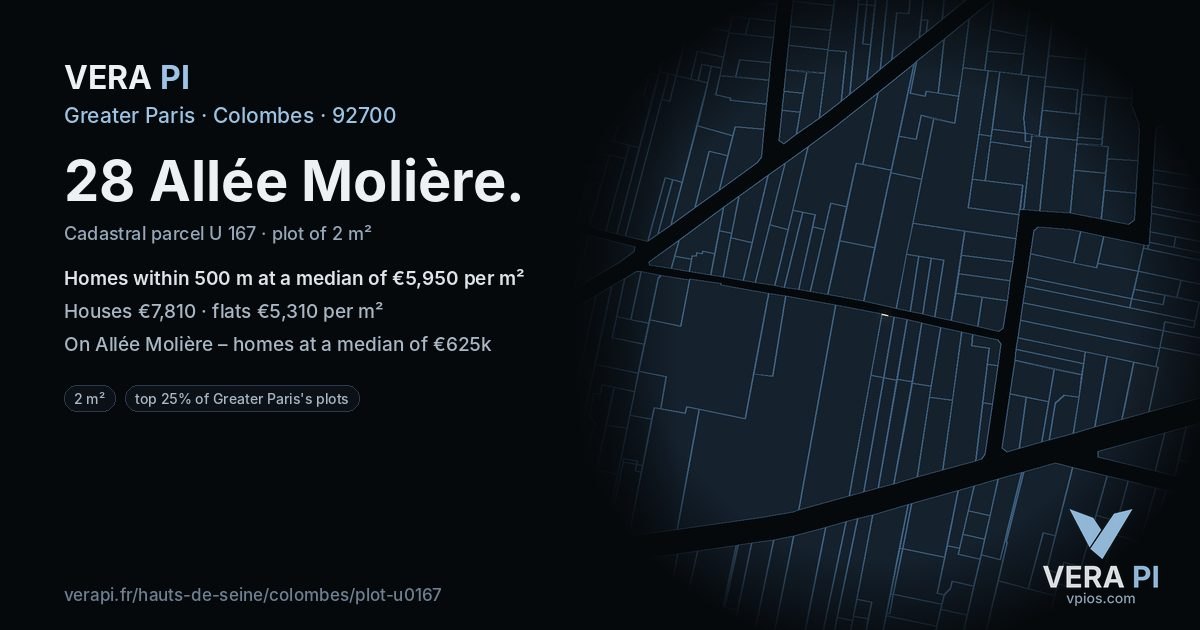 28 Allée Molière, Colombes at night – the plot lit, the parcels around coloured by the prices near them