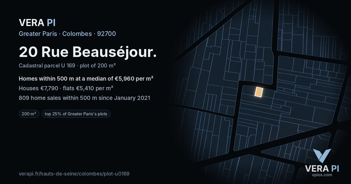 20 Rue Beauséjour, Colombes at night – the plot lit, the parcels around coloured by the prices near them