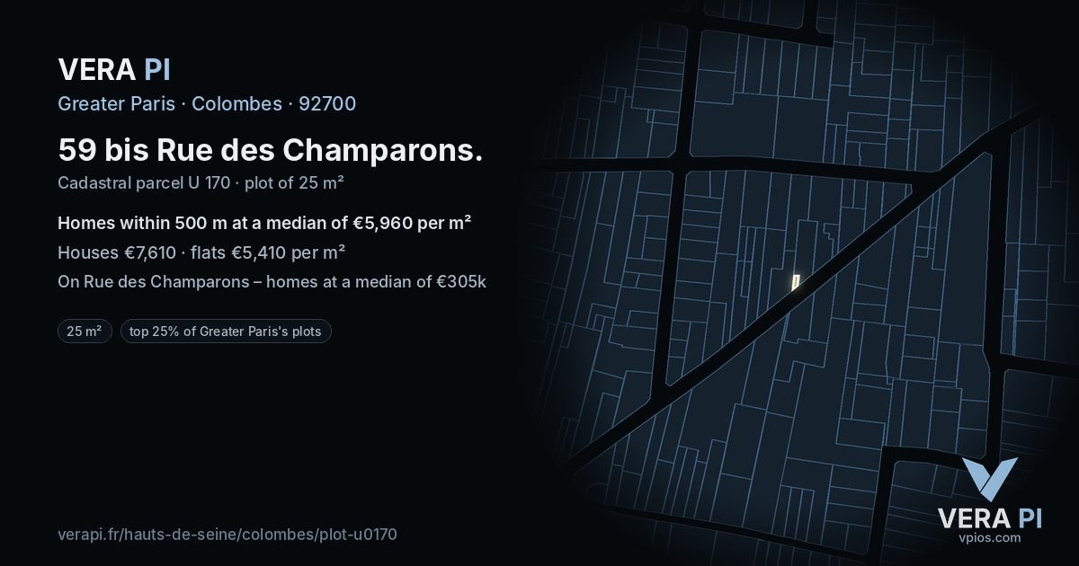 59 bis Rue des Champarons, Colombes at night – the plot lit, the parcels around coloured by the prices near them
