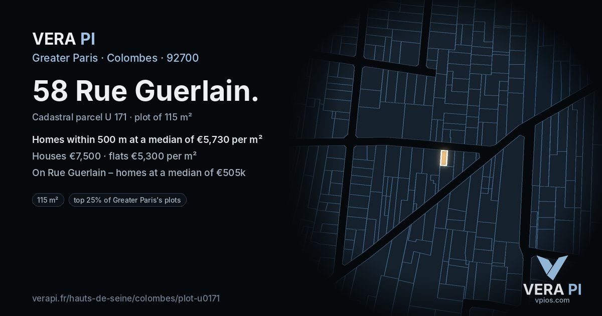 58 Rue Guerlain, Colombes at night – the plot lit, the parcels around coloured by the prices near them