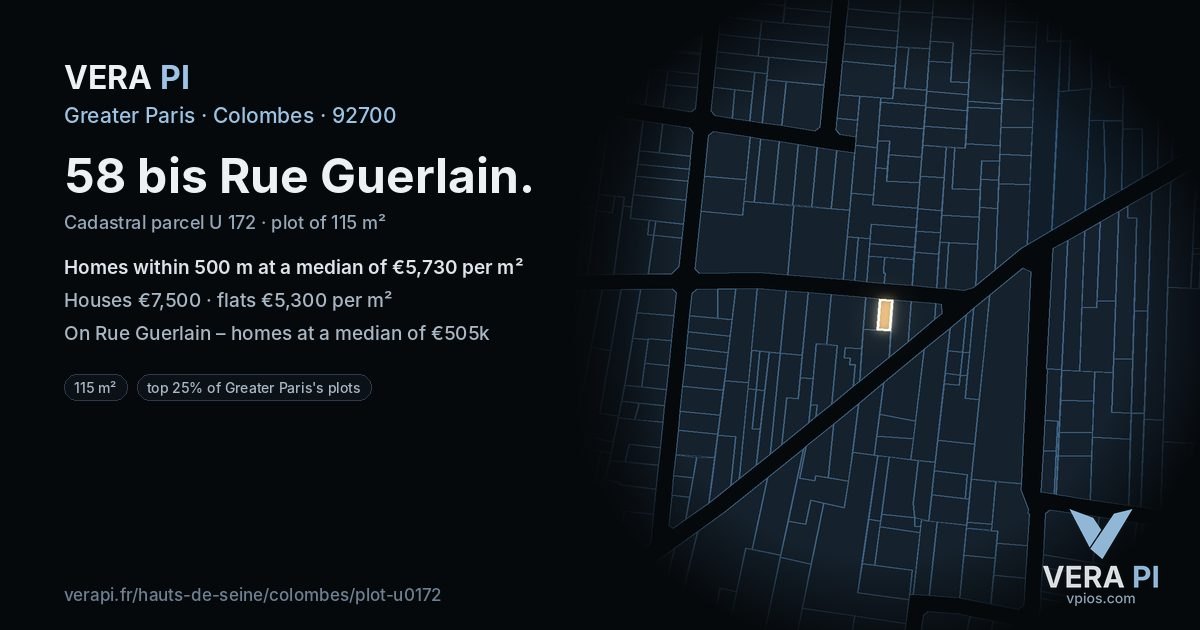 58 bis Rue Guerlain, Colombes at night – the plot lit, the parcels around coloured by the prices near them