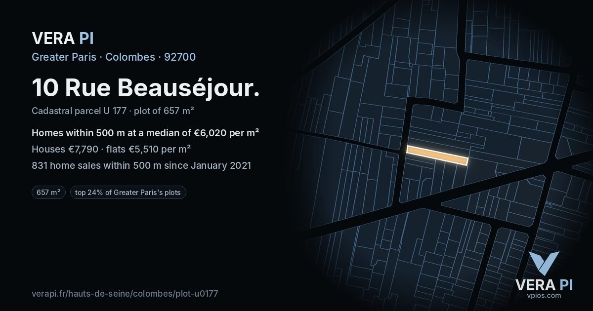 10 Rue Beauséjour, Colombes at night – the plot lit, the parcels around coloured by the prices near them