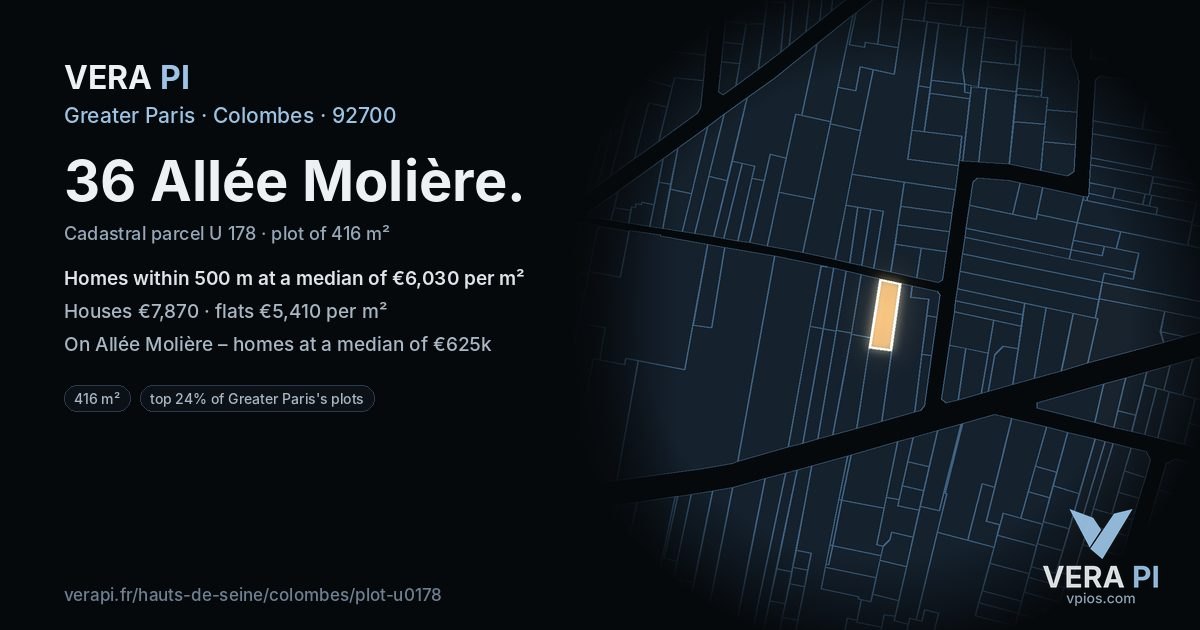 36 Allée Molière, Colombes at night – the plot lit, the parcels around coloured by the prices near them