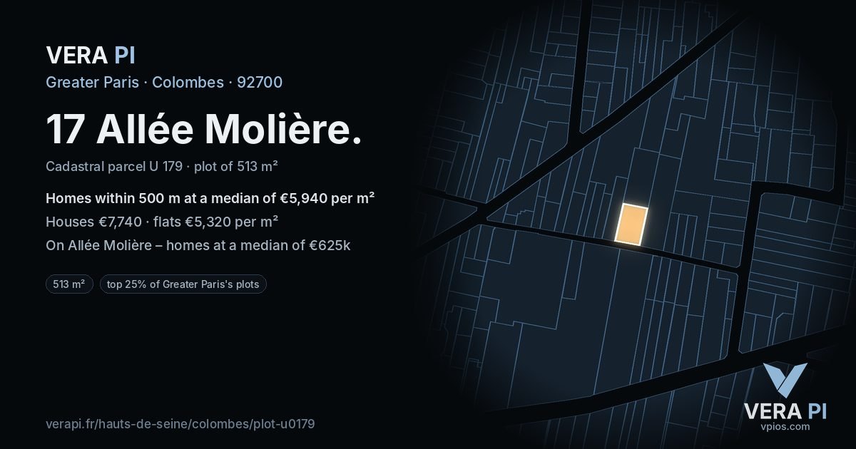 17 Allée Molière, Colombes at night – the plot lit, the parcels around coloured by the prices near them