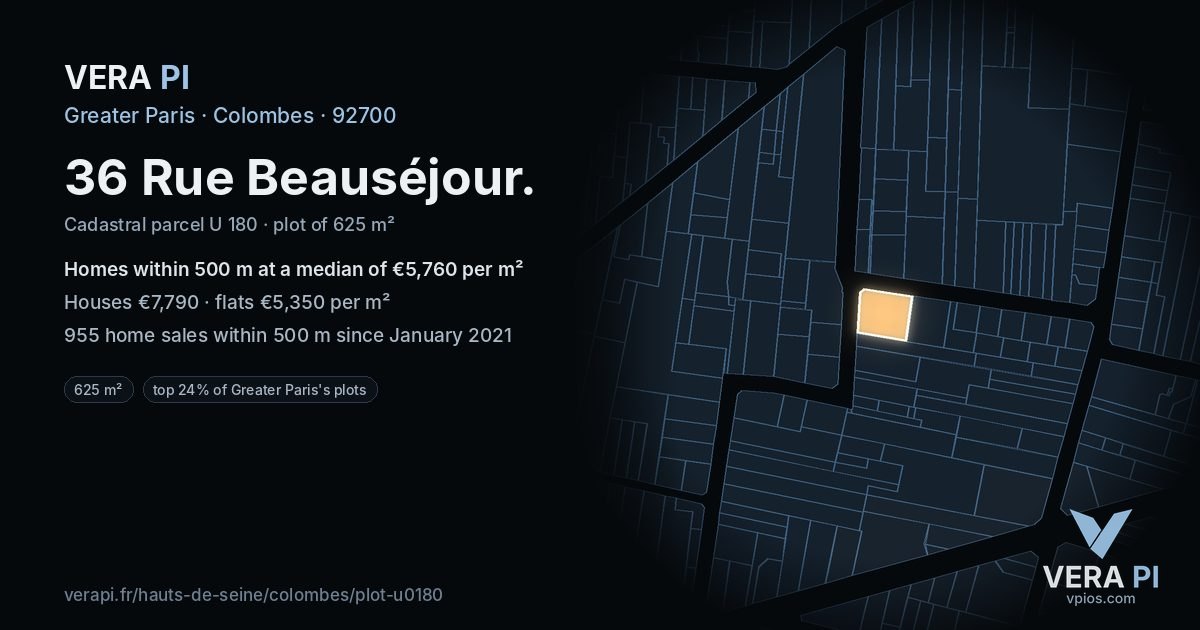 36 Rue Beauséjour, Colombes at night – the plot lit, the parcels around coloured by the prices near them
