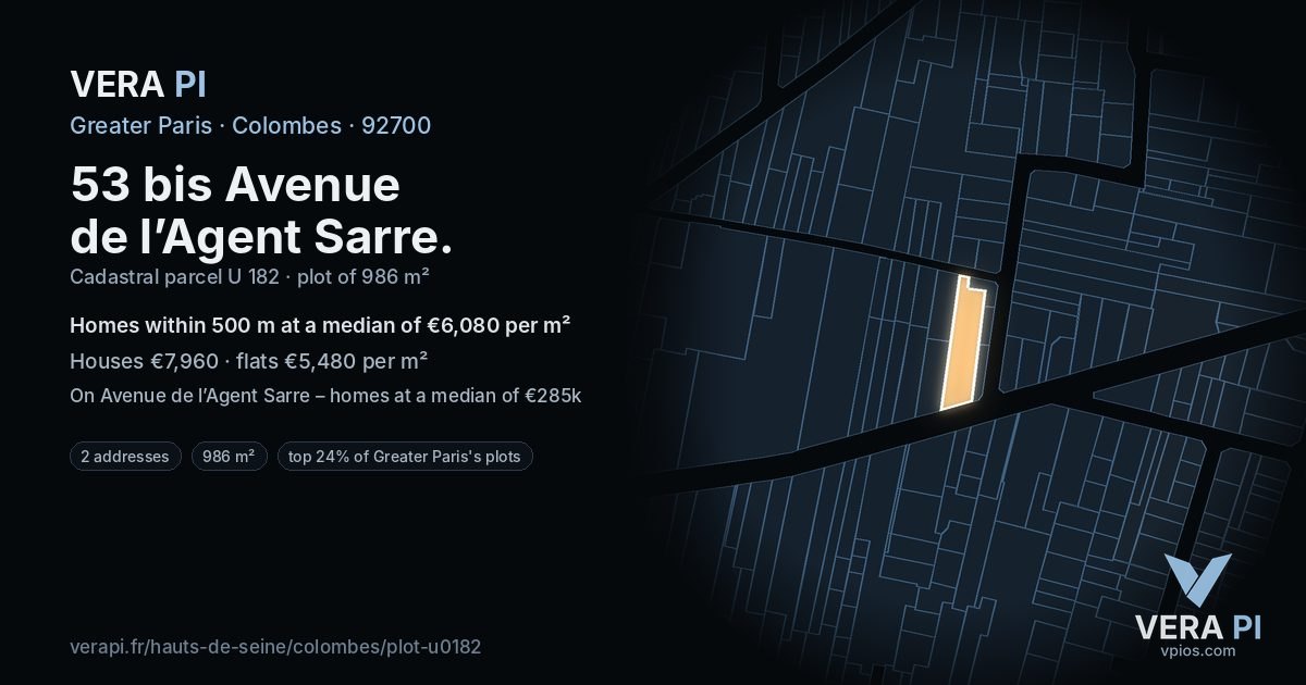 53 bis Avenue de l’Agent Sarre, Colombes at night – the plot lit, the parcels around coloured by the prices near them