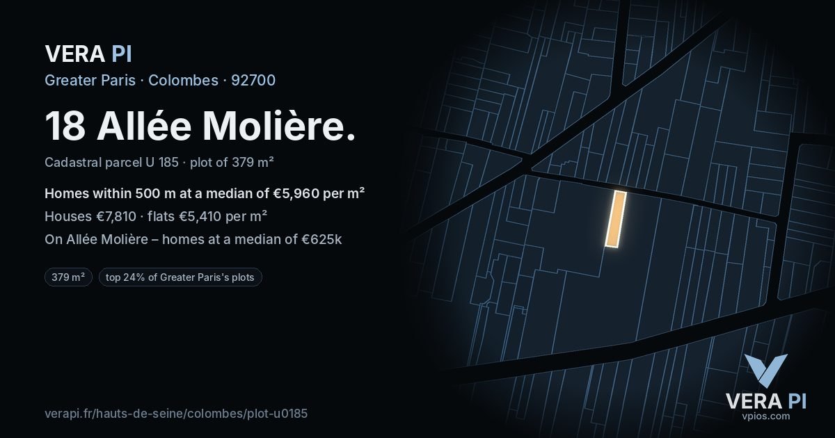 18 Allée Molière, Colombes at night – the plot lit, the parcels around coloured by the prices near them