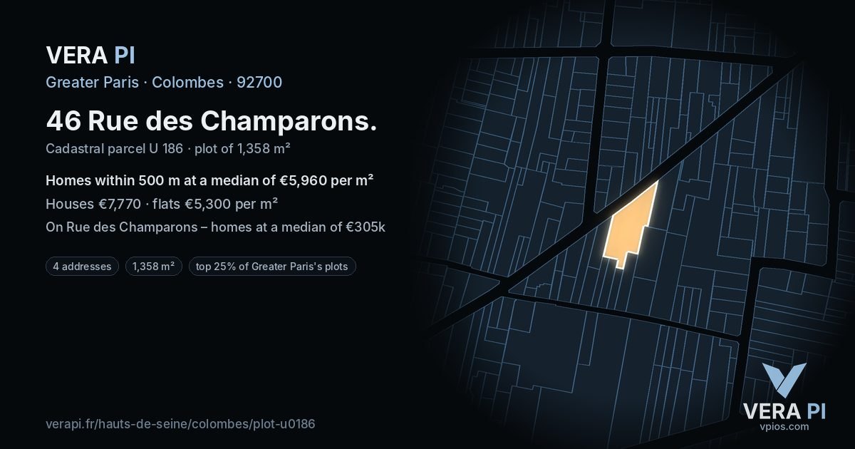 46 Rue des Champarons, Colombes at night – the plot lit, the parcels around coloured by the prices near them