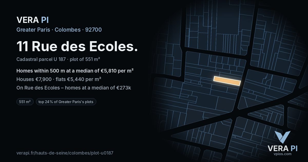 11 Rue des Ecoles, Colombes at night – the plot lit, the parcels around coloured by the prices near them