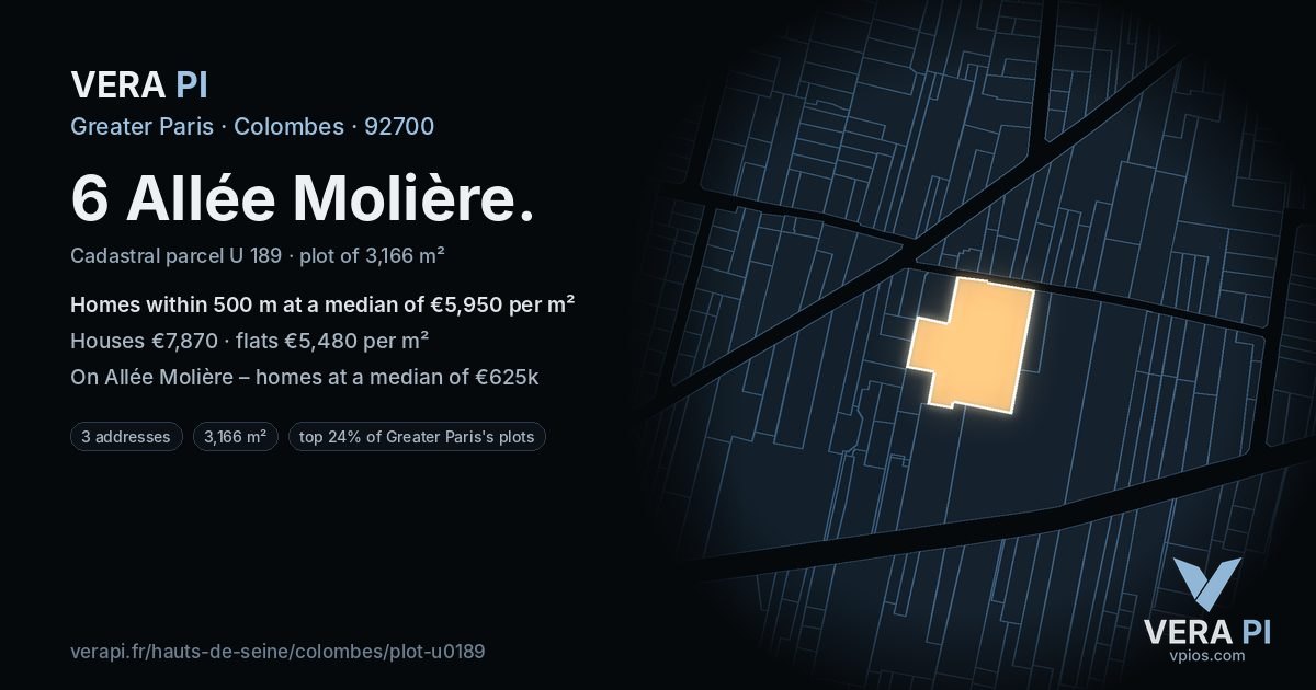 6 Allée Molière, Colombes at night – the plot lit, the parcels around coloured by the prices near them