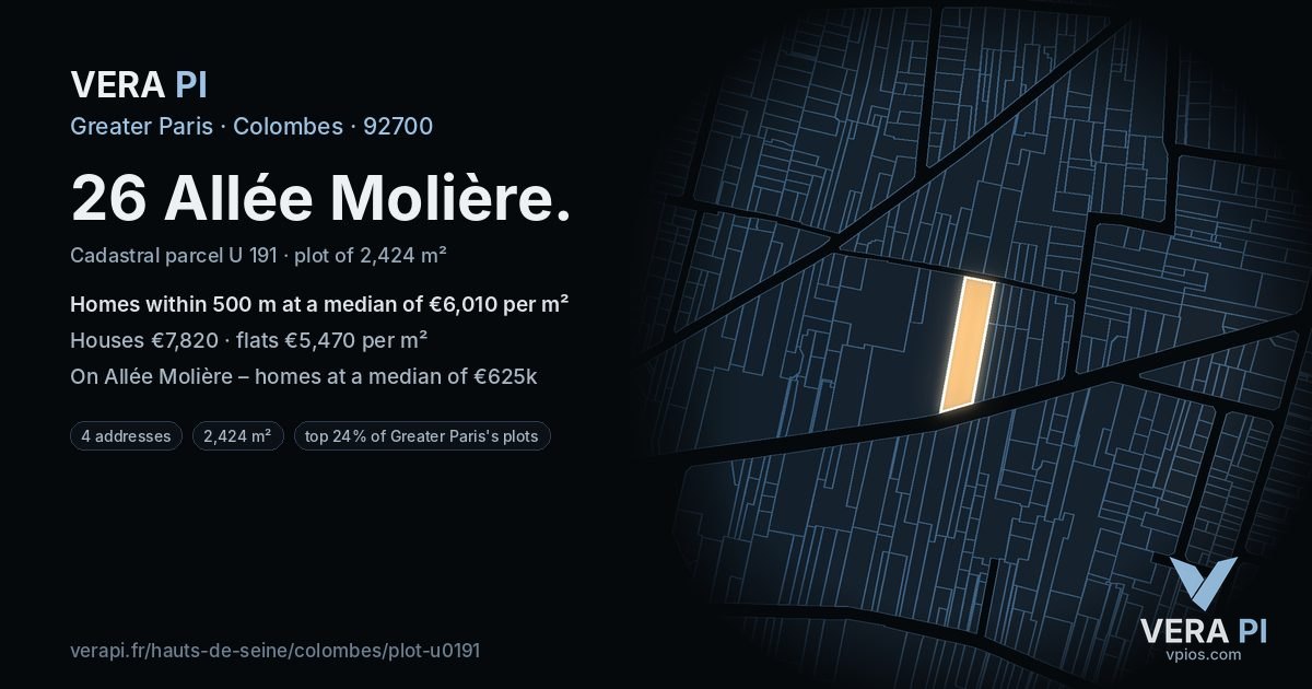 26 Allée Molière, Colombes at night – the plot lit, the parcels around coloured by the prices near them