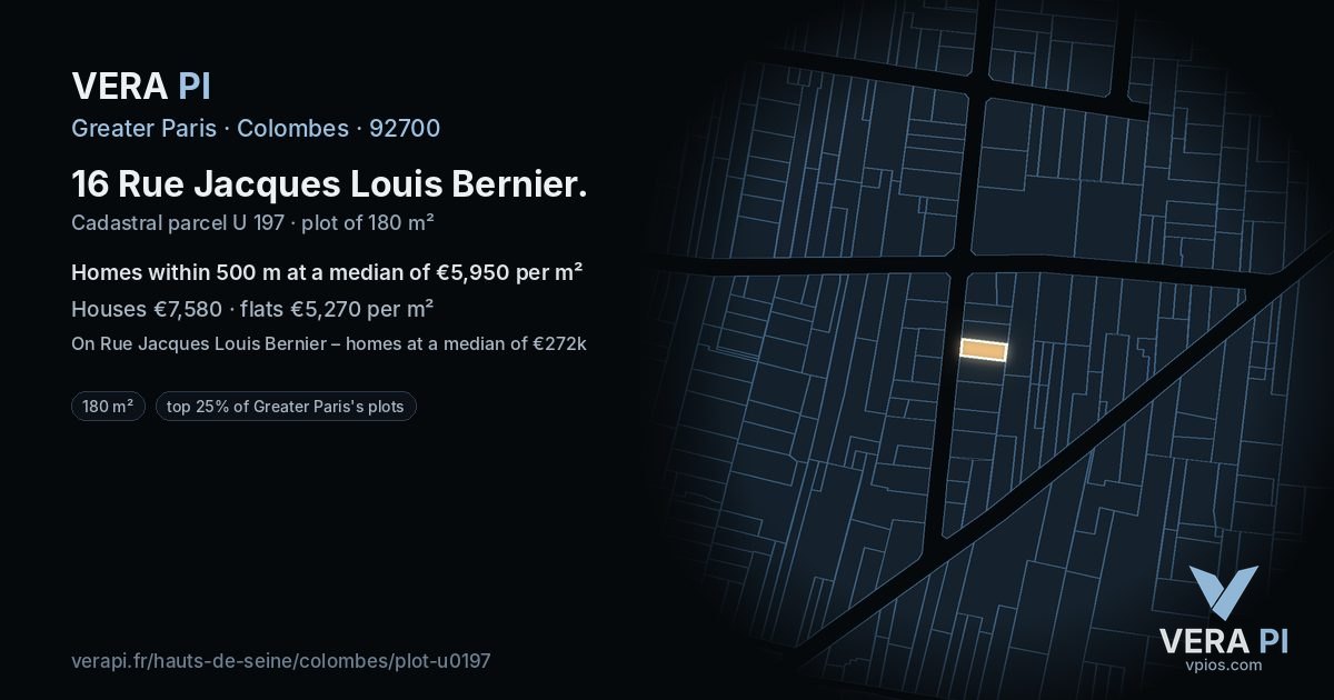 16 Rue Jacques Louis Bernier, Colombes at night – the plot lit, the parcels around coloured by the prices near them