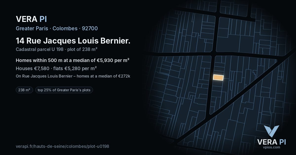 14 Rue Jacques Louis Bernier, Colombes at night – the plot lit, the parcels around coloured by the prices near them