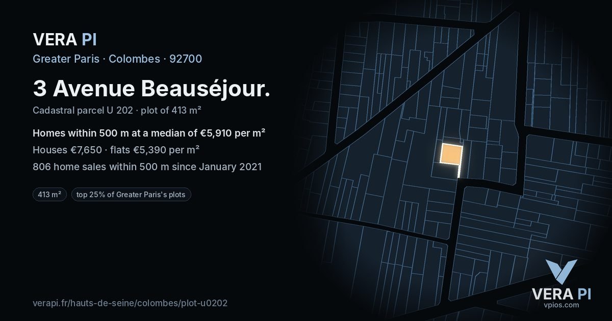 3 Avenue Beauséjour, Colombes at night – the plot lit, the parcels around coloured by the prices near them