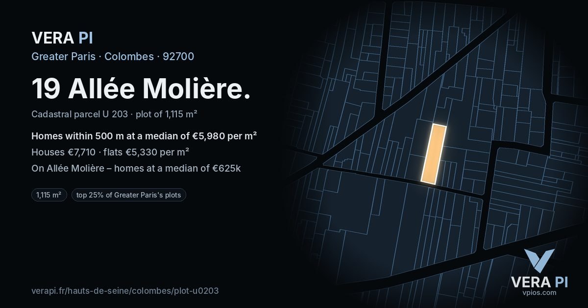 19 Allée Molière, Colombes at night – the plot lit, the parcels around coloured by the prices near them