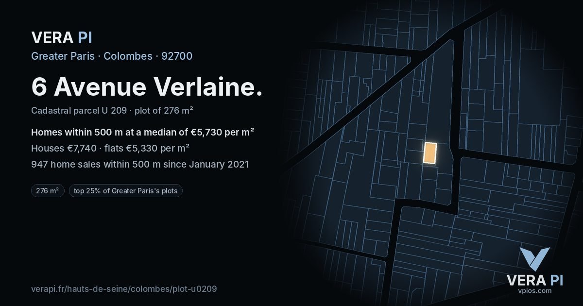 6 Avenue Verlaine, Colombes at night – the plot lit, the parcels around coloured by the prices near them