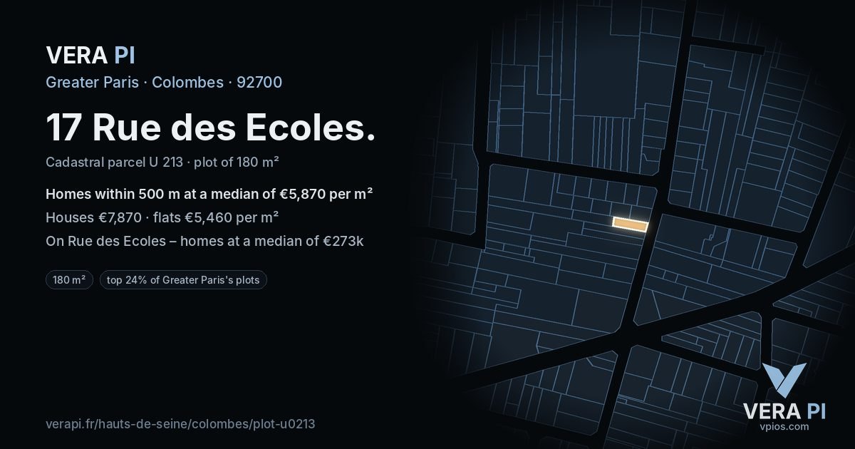 17 Rue des Ecoles, Colombes at night – the plot lit, the parcels around coloured by the prices near them