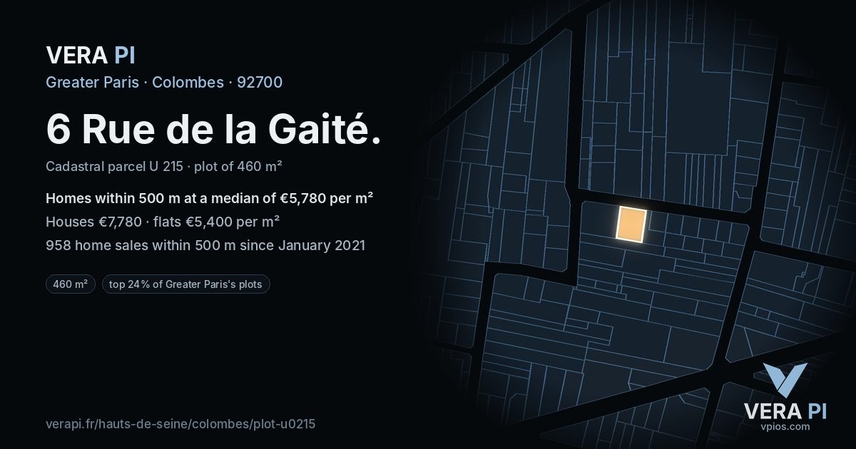 6 Rue de la Gaité, Colombes at night – the plot lit, the parcels around coloured by the prices near them