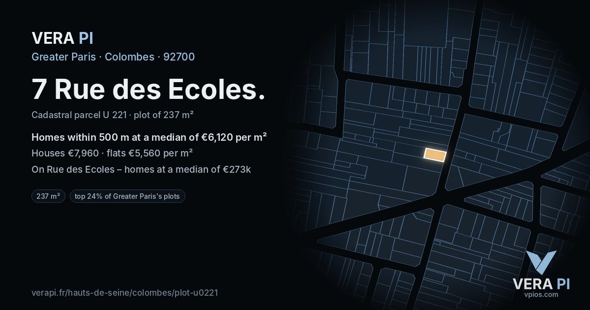 7 Rue des Ecoles, Colombes at night – the plot lit, the parcels around coloured by the prices near them