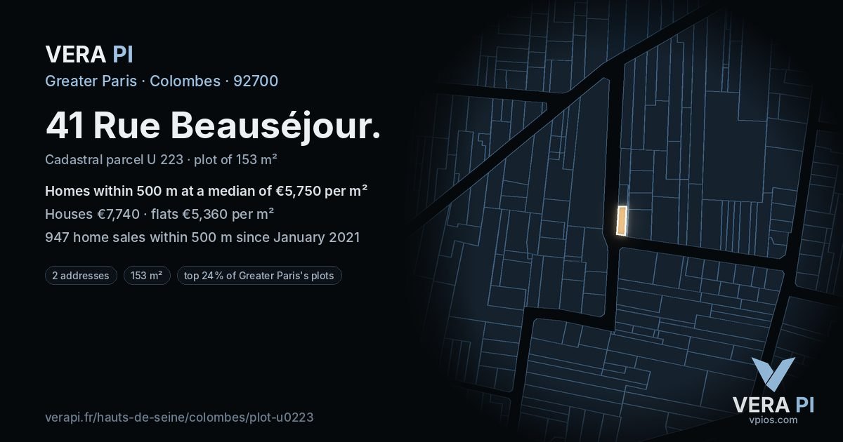 41 Rue Beauséjour, Colombes at night – the plot lit, the parcels around coloured by the prices near them
