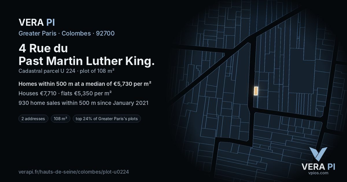 4 Rue du Past Martin Luther King, Colombes at night – the plot lit, the parcels around coloured by the prices near them