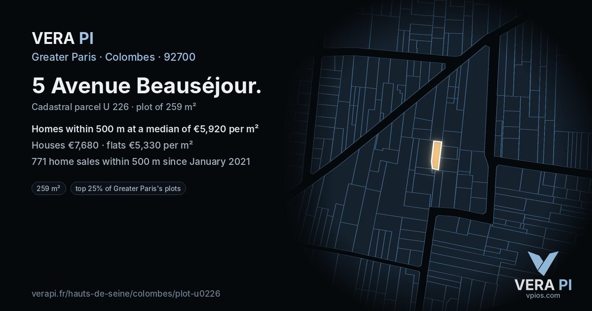 5 Avenue Beauséjour, Colombes at night – the plot lit, the parcels around coloured by the prices near them
