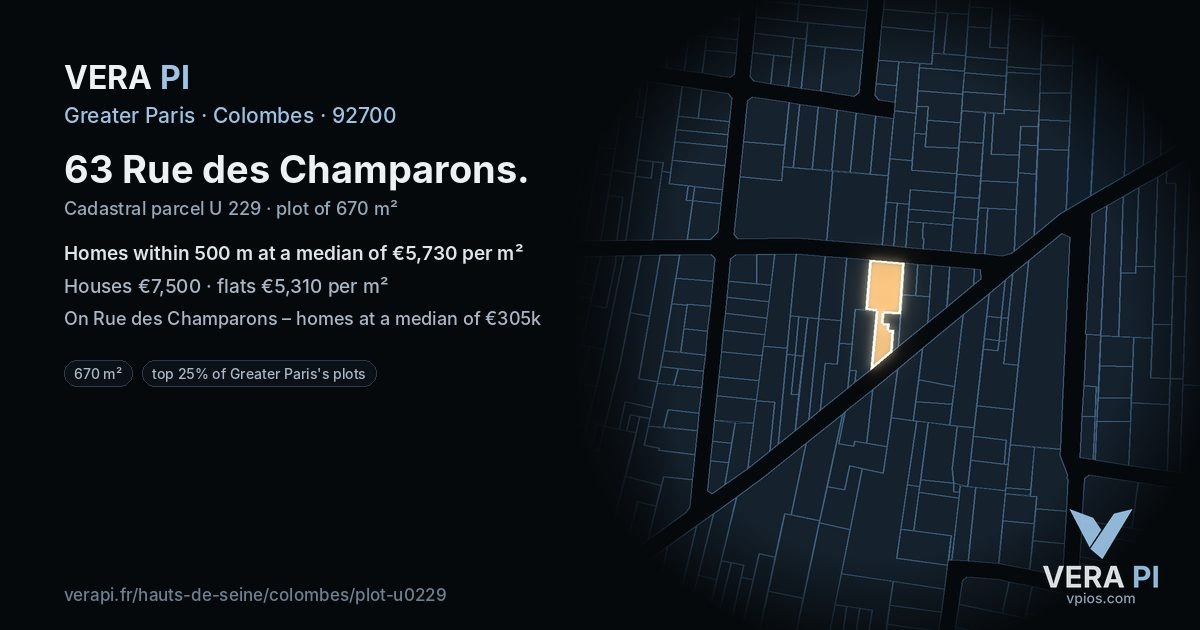 63 Rue des Champarons, Colombes at night – the plot lit, the parcels around coloured by the prices near them